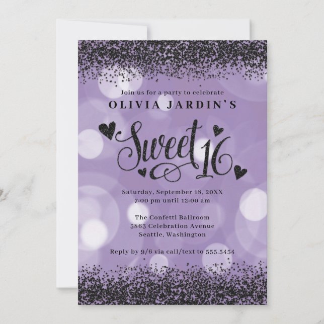 Black & Purple Glam Sweet 16 Invitation (Front)