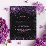 Black purple glitter birthday invitation<br><div class="desc">A girly and feminine 21st (or any age) birthday party invitation. On front: A chic black background. Decorated with dark purple faux glitter dust. Personalize and add a name and party details. The name is written with a hand lettered style script, light purple coloured letters. Back: black background and faux...</div>