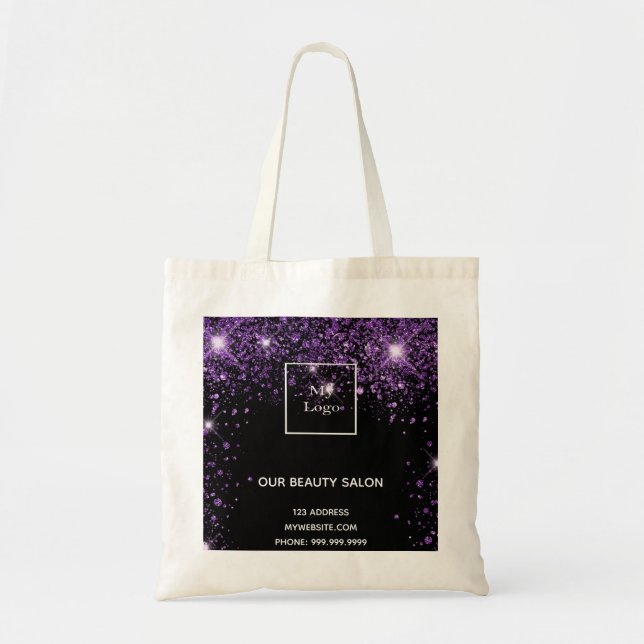 Black purple glitter business logo tote bag (Front)