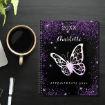 Black purple glitter butterfly name script planner<br><div class="desc">Black background,  white text. Decorated with purple faux glitter,  sparkles and a large butterfly. Personalize and add a year,  your name and a title. The name is written with a modern hand lettered style script.</div>