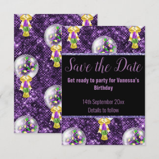 BLACK PURPLE GLITTER CELEBRATION SAVE THE DATE RSV RSVP CARD
