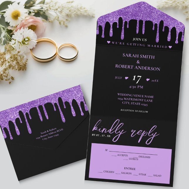 Black & Purple Glitter Drip Wedding All In One Invitation (Black & Purple Glitter Drip Wedding All In One Invitation)