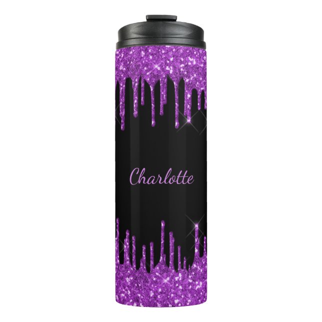 Black purple glitter drips custom monogram name thermal tumbler (Front)