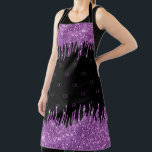 Black purple glitter drips monogram initials apron<br><div class="desc">A chic black background decorated with purple sparkling faux glitter drips,  paint dripping look. Personalize and add your monogram initials,  purple coloured letters.  The monogram as a background pattern.</div>
