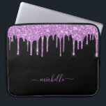 Black purple glitter drips sparkle glam name laptop sleeve<br><div class="desc">An elegant, girly and glam laptop sleeve. Purple, lavender coloured coloured faux glitter drips. A chic black background. Personalize and add a name, written with a modern hand lettered style script with swashes. Violet coloured letters. To keep the swashes only delete the sample name, leave the spaces or emoji's in...</div>