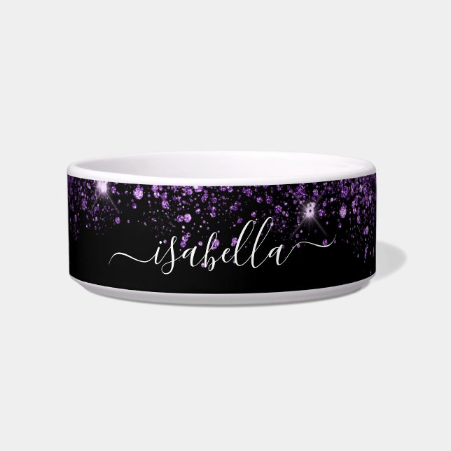 Black purple glitter dust name script bowl (Front)