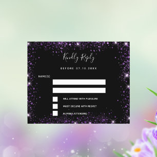 Black purple glitter elegant wedding RSVP card