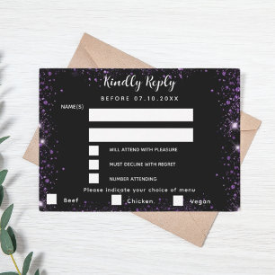 Black purple glitter menu choise wedding RSVP
