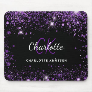Black purple glitter monogram initails name  mouse pad