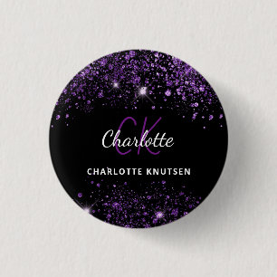 Black purple glitter monogram initials 1 inch round button