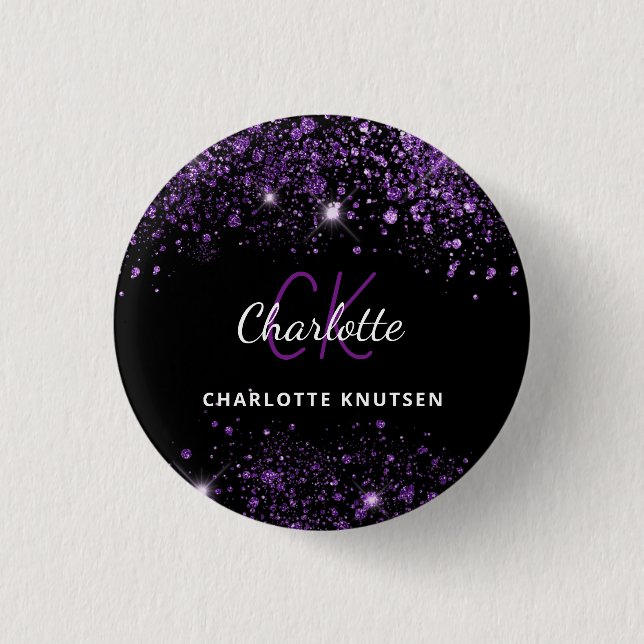 Black purple glitter monogram initials 1 inch round button (Front)