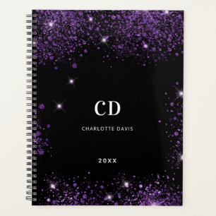 Black purple glitter monogram initials 2025 planner