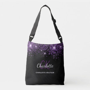 Black purple glitter monogram initials glamorous crossbody bag