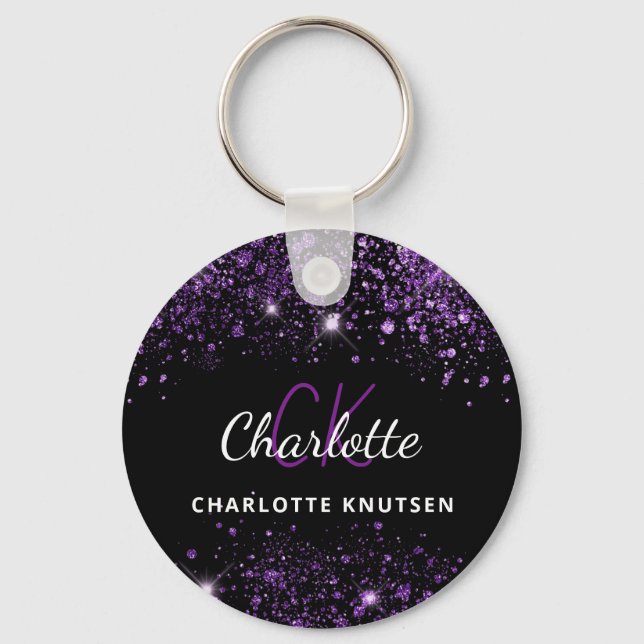 Black purple glitter monogram initials keychain (Front)