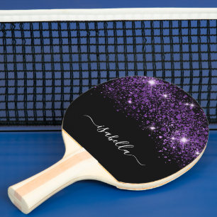 Black purple glitter monogram name script ping pong paddle