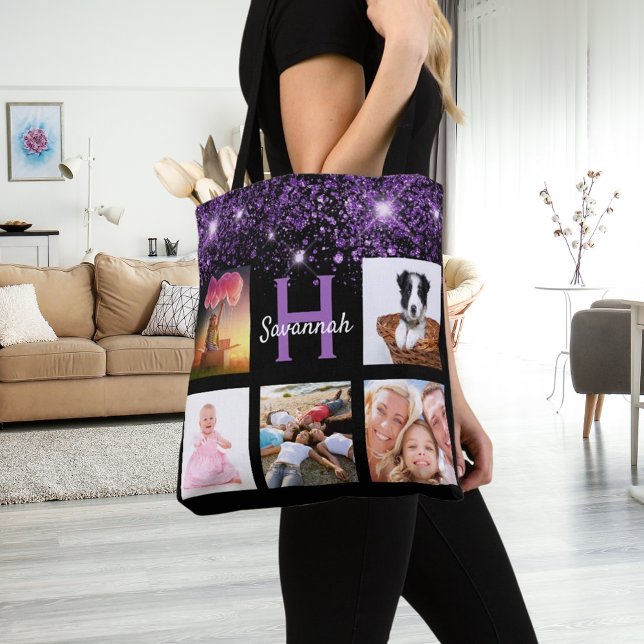 Black purple glitter photo collage monogram name tote bag (Creator Uploaded)