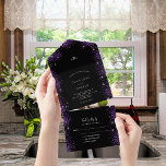 Black purple glitter sparkles elegant wedding all in one invitation<br><div class="desc">A trendy black background,  decorated with sparkling purple faux glitter dust. Personalize and add your names,  monogram and wedding details. White colored letters.</div>