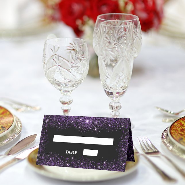 Black purple glitter sparkles wedding place card (Creator Uploaded)