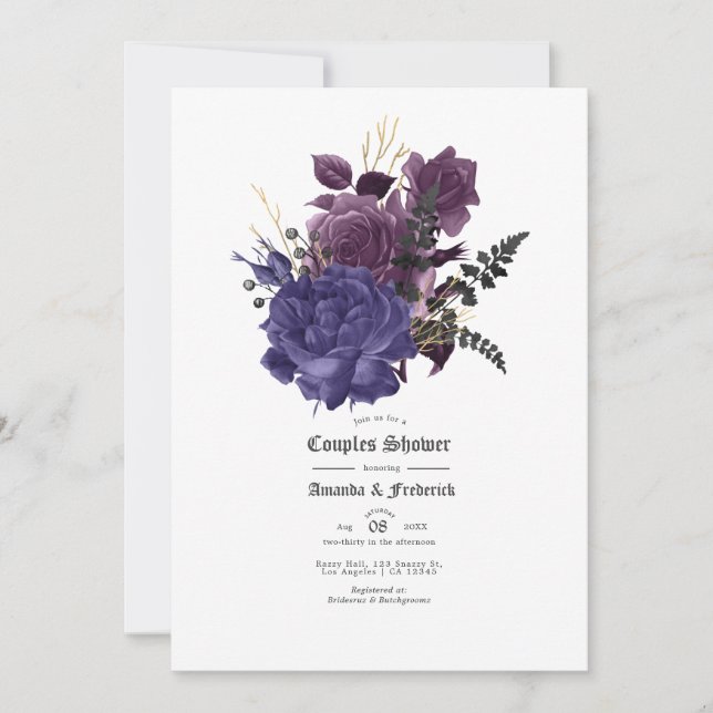 Black Purple Gold Floral Gothic Couples Shower Inv Invitation (Front)