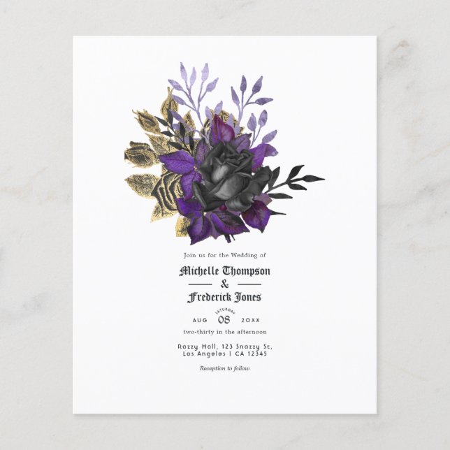 Black Purple Gold Floral Gothic Wedding Flyer (Front)