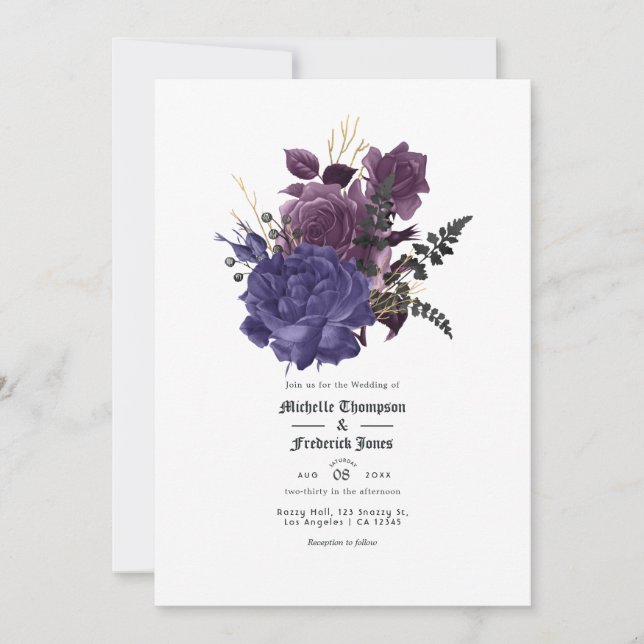 Black Purple Gold Floral Gothic Wedding Invitation (Front)