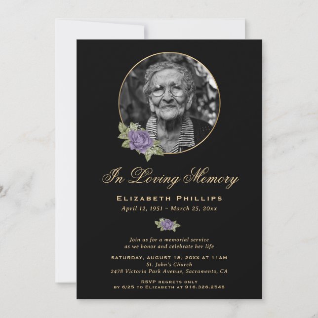 Black Purple Gold Floral Photo Memorial Service Invitation (Front)