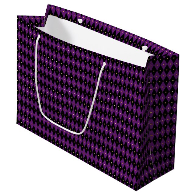 BLACK PURPLE GOLD MARDI GRAS DIAMOND PATTERN LARGE GIFT BAG (Front Angled)