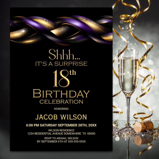 Black Purple Gold Surprise 18th Birthday Party Invitation (Creator Uploaded)