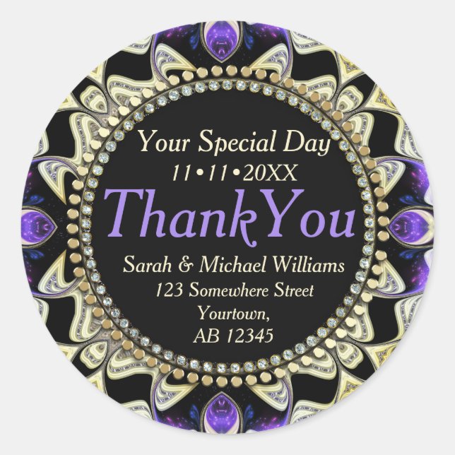 Black Purple Gold Thank You Stickers (Front)