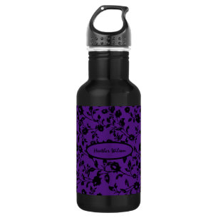Black Purple Gothic Floral Water Bottle with Name