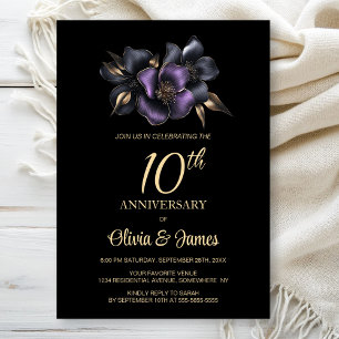 Black Purple Grey Floral 10th Anniversary Invitation