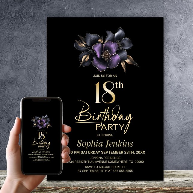Black Purple Grey Floral 18th Birthday Party Invitation (Creator Uploaded)