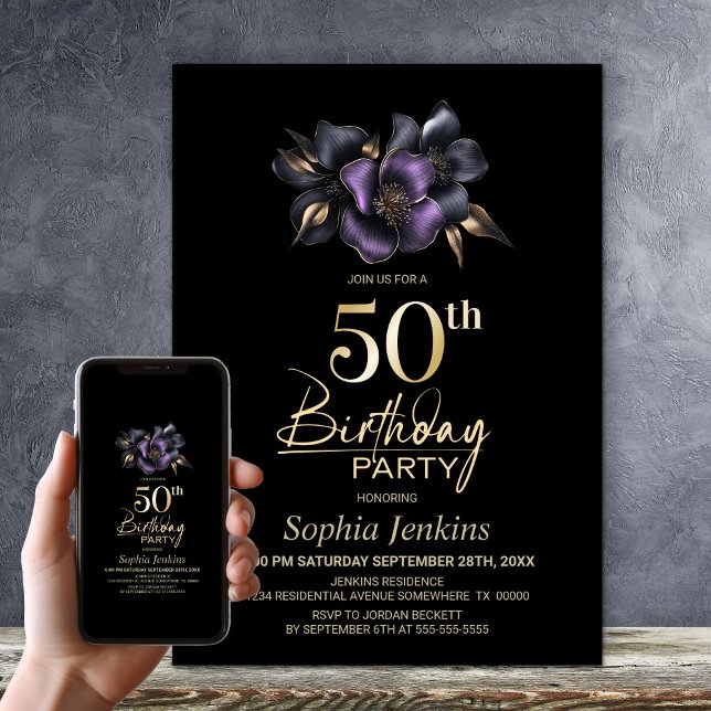 Black Purple Grey Floral 50th Birthday Party Invitation (Creator Uploaded)