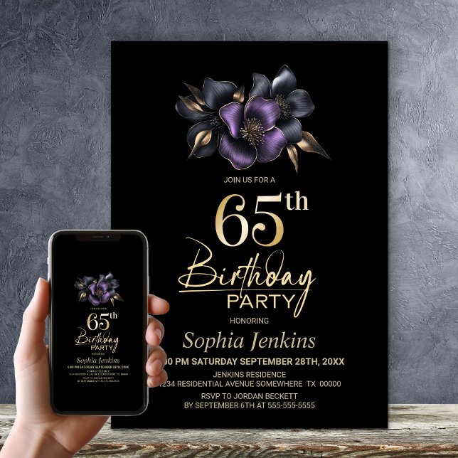 Black Purple Grey Floral 65th Birthday Party Invitation (Creator Uploaded)