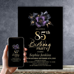 Black Purple Grey Floral 85th Birthday Party Invitation