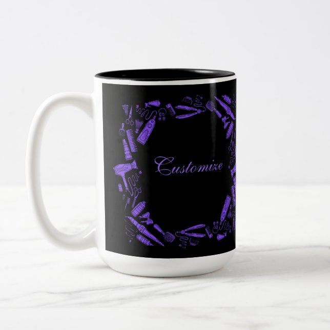 Black & Purple Hair Stylist Two-Tone Coffee Mug (Left)
