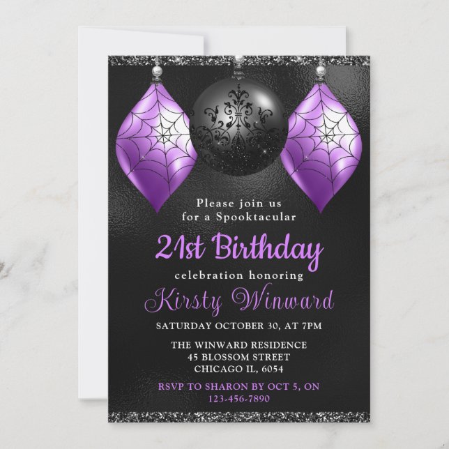 Black & Purple Halloween Ornaments 21st Birthday Invitation (Front)