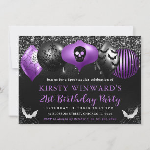 Black & Purple Halloween Ornaments Birthday Invitation
