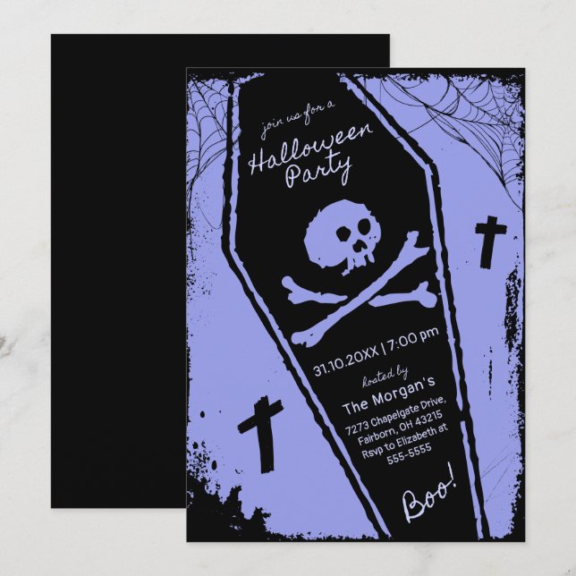 Black & Purple Hand Drawn Coffin Halloween Party Invitation (Front/Back)