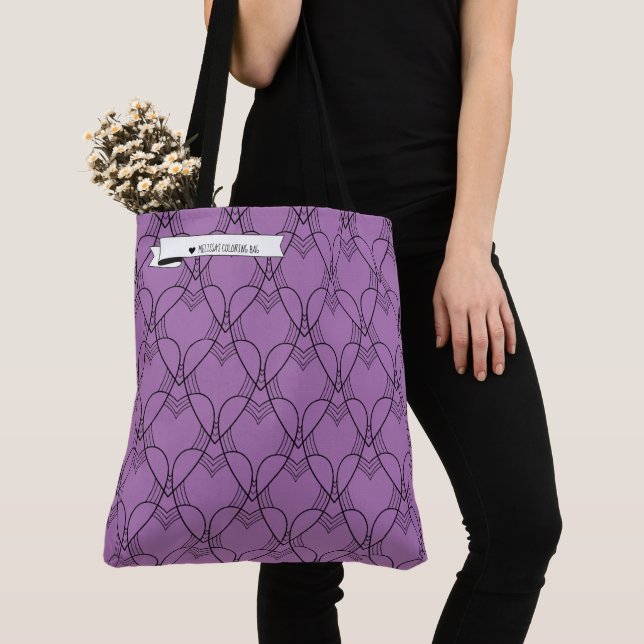 Black & Purple Heart Pattern Colouring Go-Bag Tote (Close Up)