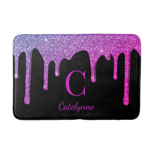 Black Purple Hot Pink Dripping Glitter Monogram Bath Mat