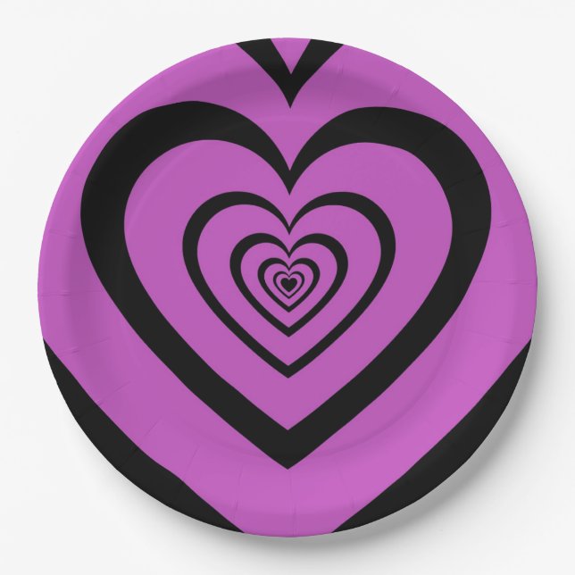 Black Purple Hypnotic Heart Love Pattern Paper Plate (Front)