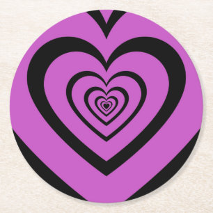 Black Purple Hypnotic Heart Love Pattern Round Paper Coaster