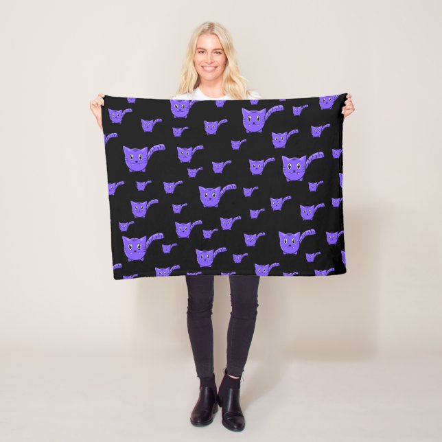 Black & Purple Kitty Pattern Fleece Blanket (In Situ)