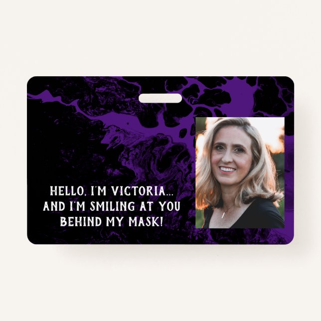 Black & Purple Marble Hello Behind the Mask Badge (Front)