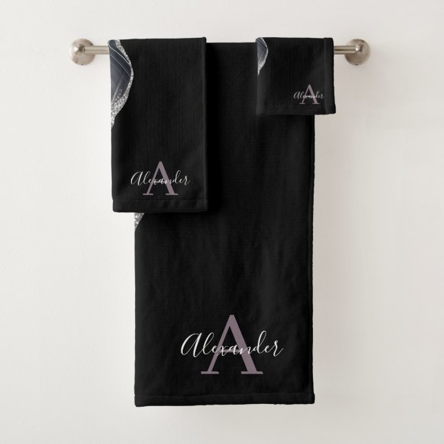 Black Purple Modern Elegant Monogram Bath Towel Set (Insitu)