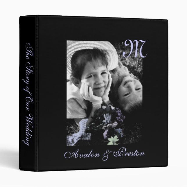 Black & Purple Monogram Love Floral Wedding Binder (Front/Spine)