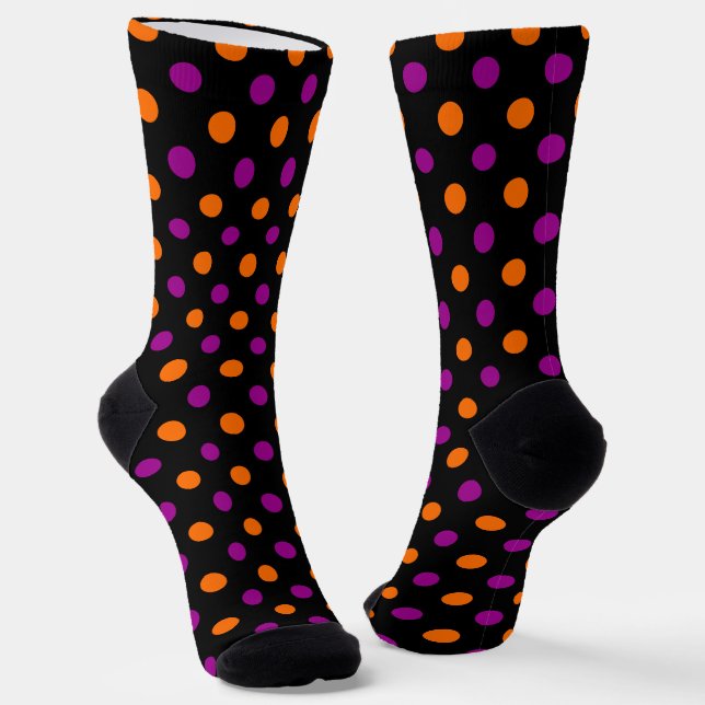 Black Purple Orange Polka Dot Pattern Socks (Angled)