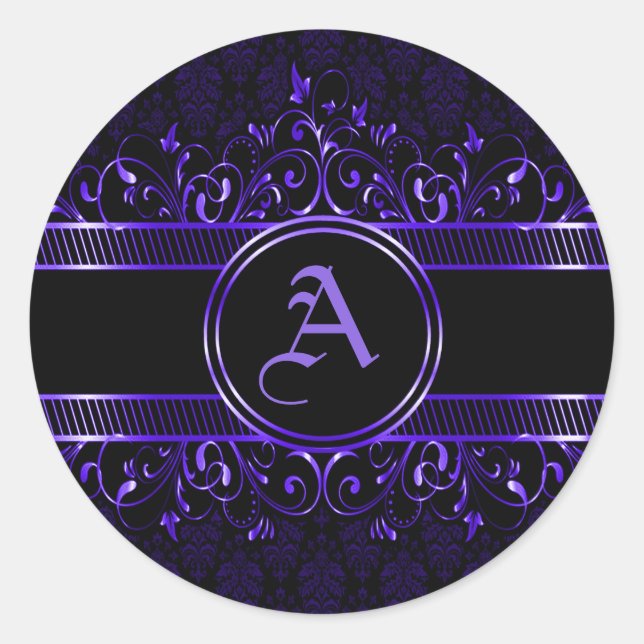 Black & Purple Ornate Gothic Monogrammed   Classic Round Sticker (Front)