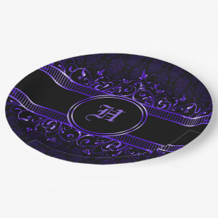 Black & Purple Ornate Gothic Monogrammed  Paper Plate